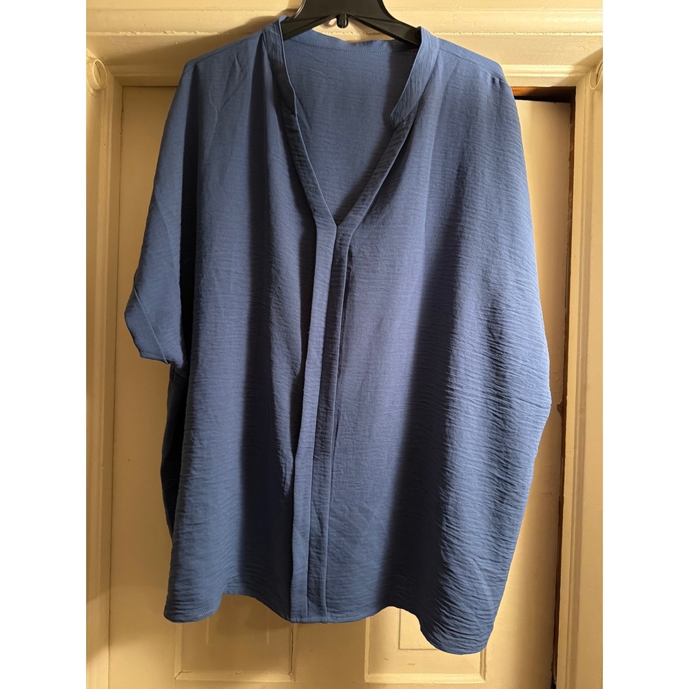 Unbranded Blue Textured V-Neck Blouse Oversized Short Sleeve Top Plus Size 3X